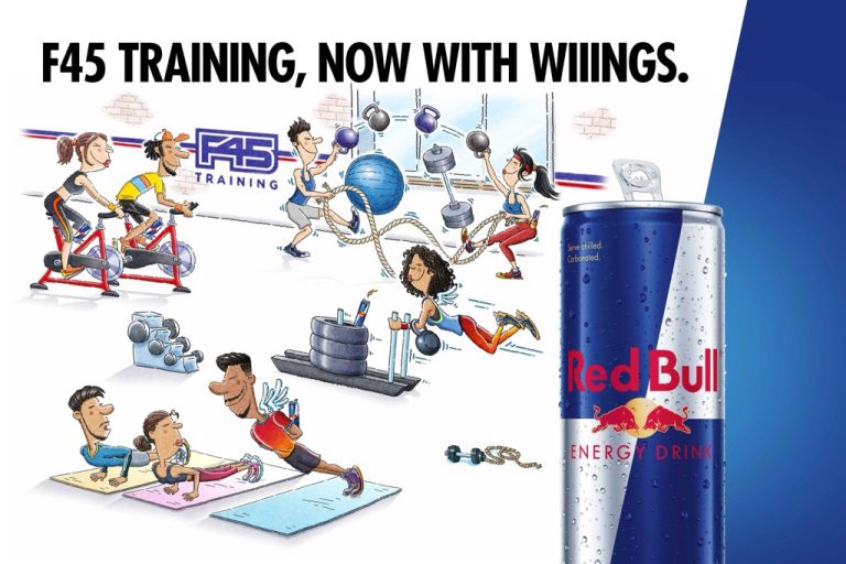 Cartoon image of gym with a can of redbull