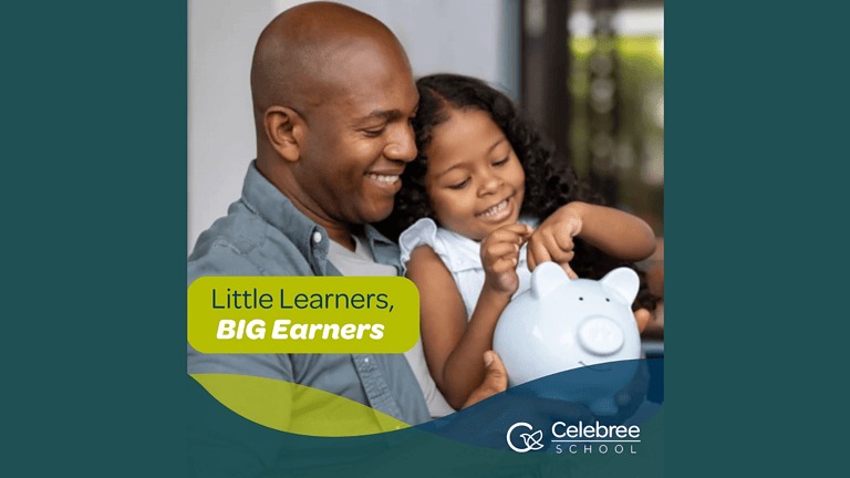 Celebree School Launches “Little Learners, Big Earners” to Make Money Smarts Fun for Kids Image of father and daughter learning about savings with placing a coin in piggy bank