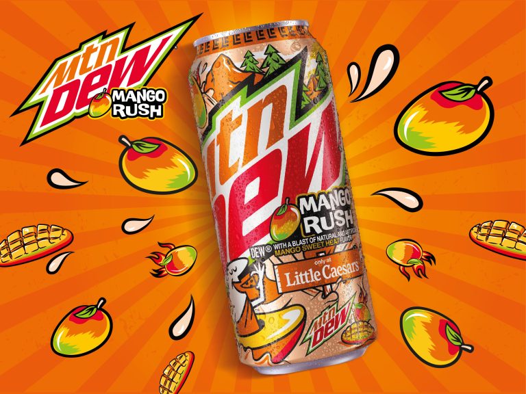 Mountain Dew Mango Rush Adds to America’s Long Love Affair with Pizza and Soda image of little caesars mountain dew mango rush can on orange colored background with mango images.