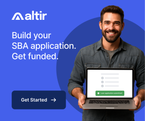 Advertisement of Alti has person holding a laptop using application