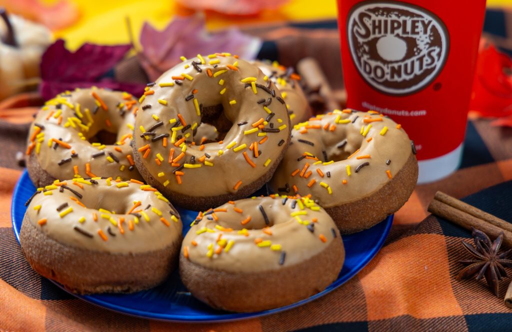 Shipley Donuts Pumpkin Spice Donuts with maple icing and fall sprinkles, part of October donut trends and seasonal franchise menu strategy.