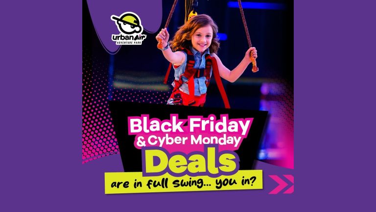 Black Friday, Reimagined: How Franchises Turn Doorbusters into Experience-Building Deals Smiling child on an Urban Air ropes course promoting Black Friday and Cyber Monday deals on a bold purple graphic.