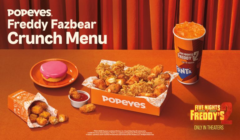 Popeyes Freddy Fazbear Crunch Menu items displayed on an orange table