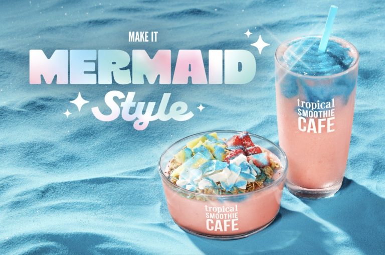 Tropical Smoothie Cafe Mermaid Style smoothie and bowl with blue shimmer sugar topping