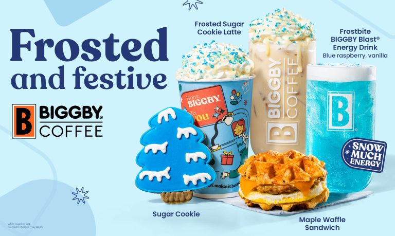 BIGGBY COFFEE holiday drinks and breakfast sandwich with festive cookies