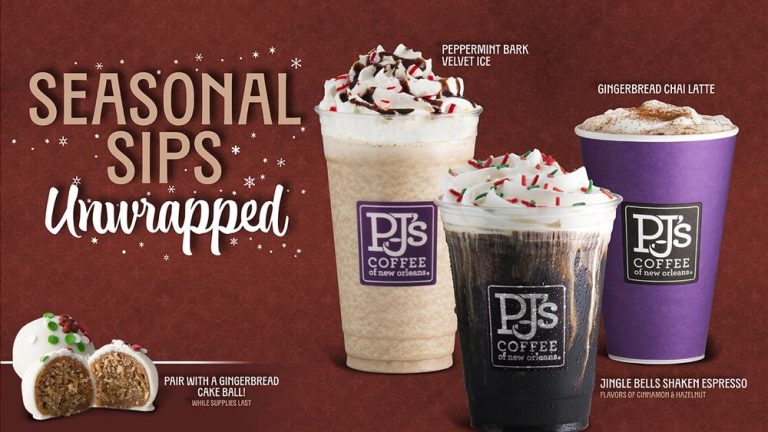 PJ’s Coffee holiday beverages including Gingerbread Chai Latte, Peppermint Bark Velvet Ice, and Jingle Bells Shaken Espresso