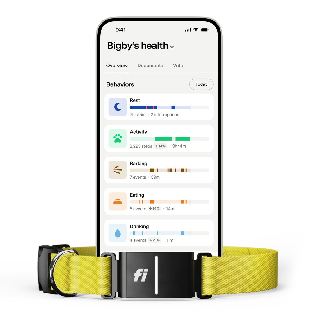 Smartphone showing the Fi app health dashboard with a yellow Fi smart dog collar at the base