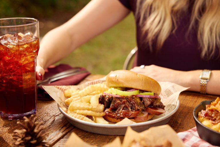 Winter BBQ meal featuring a sandwich, fries, and iced tea at Sonny’s BBQ