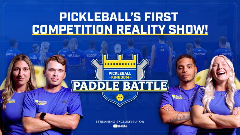 Pickleball Kingdom Paddle Battle promo with logo and four contestants in blue shirts