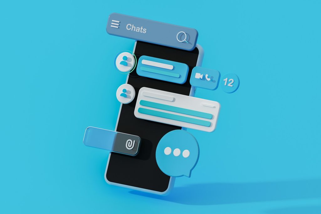 3D smartphone with floating chat bubbles, avatars, and notifications on a blue background