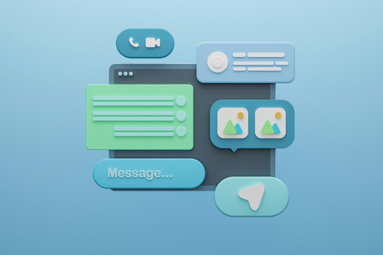 3D chat interface with message bubbles and media icons on a blue background