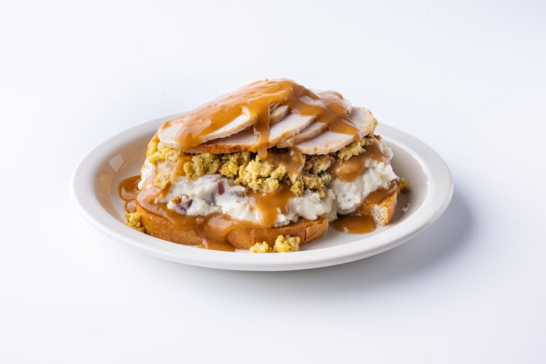 Friendly’s Turkey Stack sandwich with mashed potatoes, stuffing, and gravy on toasted sourdough