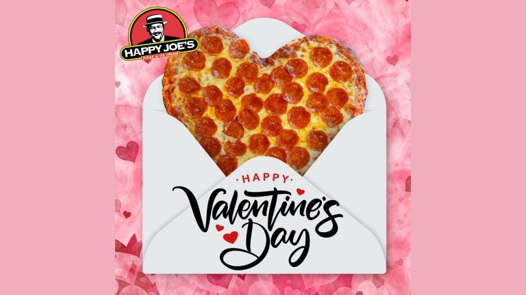 Happy Joe’s Brings Back Heart-Shaped Pizza for Valentine’s Day Happy Joe’s heart-shaped pepperoni pizza in a Valentine’s Day envelope design