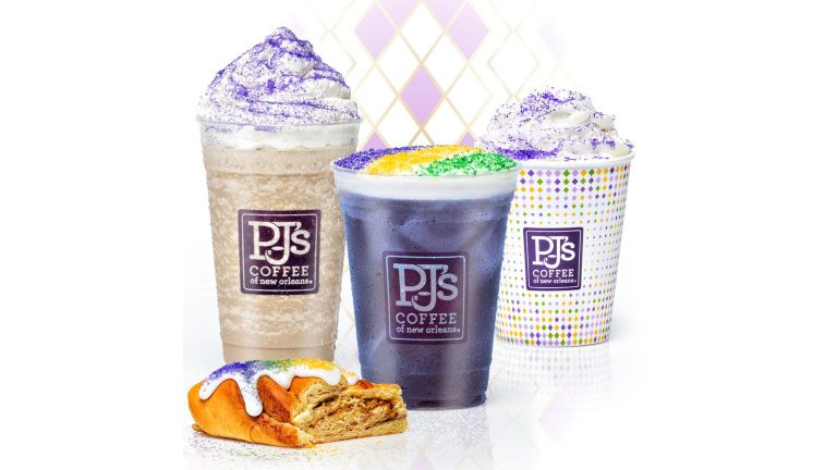 PJ’s Coffee Mardi Gras drinks alongside a slice of king cake with purple, green, and gold sugar.