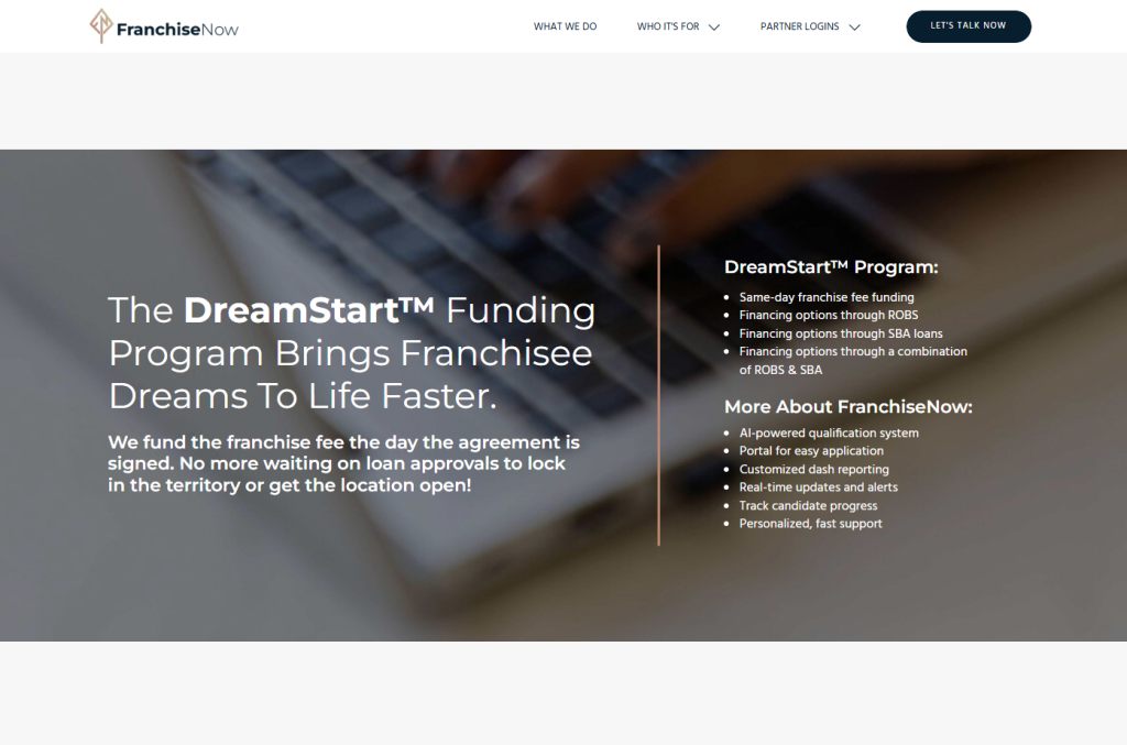 Franchise Now webpage highlighting the DreamStart funding program with feature list and CTA