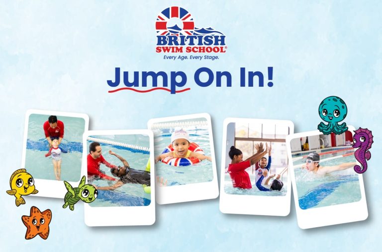 British Swim School Launches National Water Safety Campaign British Swim School Jump On In campaign graphic featuring instructors and swimmers during pool lessons