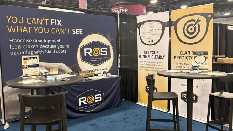 CGI Franchise ROS booth at an IFA convention with banners about funnel visibility and recruiting reporting