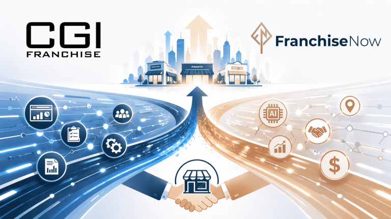 FranchiseNow and CGI Franchise Partner to Speed Franchise Funding and Development CGI Franchise and FranchiseNow partnership graphic showing AI, funding, growth, and franchise development paths merging