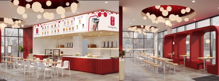 Why Franchisors Buy Back Territory Rights as U.S. Growth Enters a New Stage Gong cha 2.0 store rendering shows updated bubble tea shop interior with red seating, digital menus and open seating