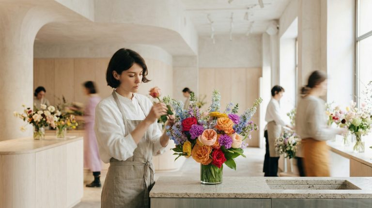 A French Florist designer carefully inspecting a vibrant bouquet of roses, dahlias, and delphinium in a bright modern studio.