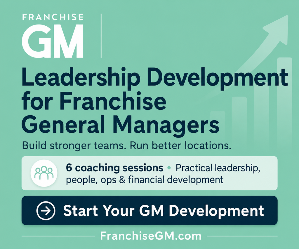 FranchiseGM 300x250 ad promoting leadership development for franchise general managers, with 6 coaching sessions to build stronger teams and run better locations.