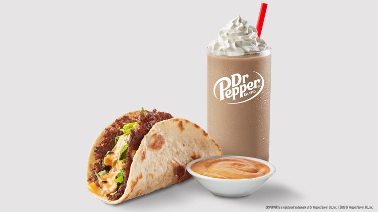 Freddy’s Steakburger Taco served with Dr Pepper Frost and dipping sauce
