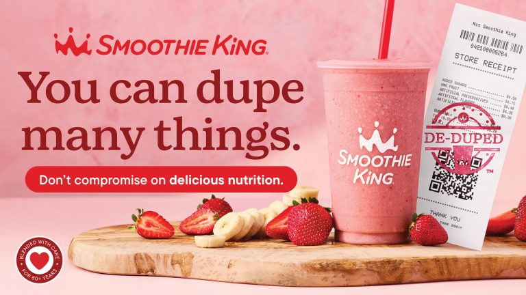 Smoothie King De-Duped smoothie campaign with strawberry banana smoothie and receipt