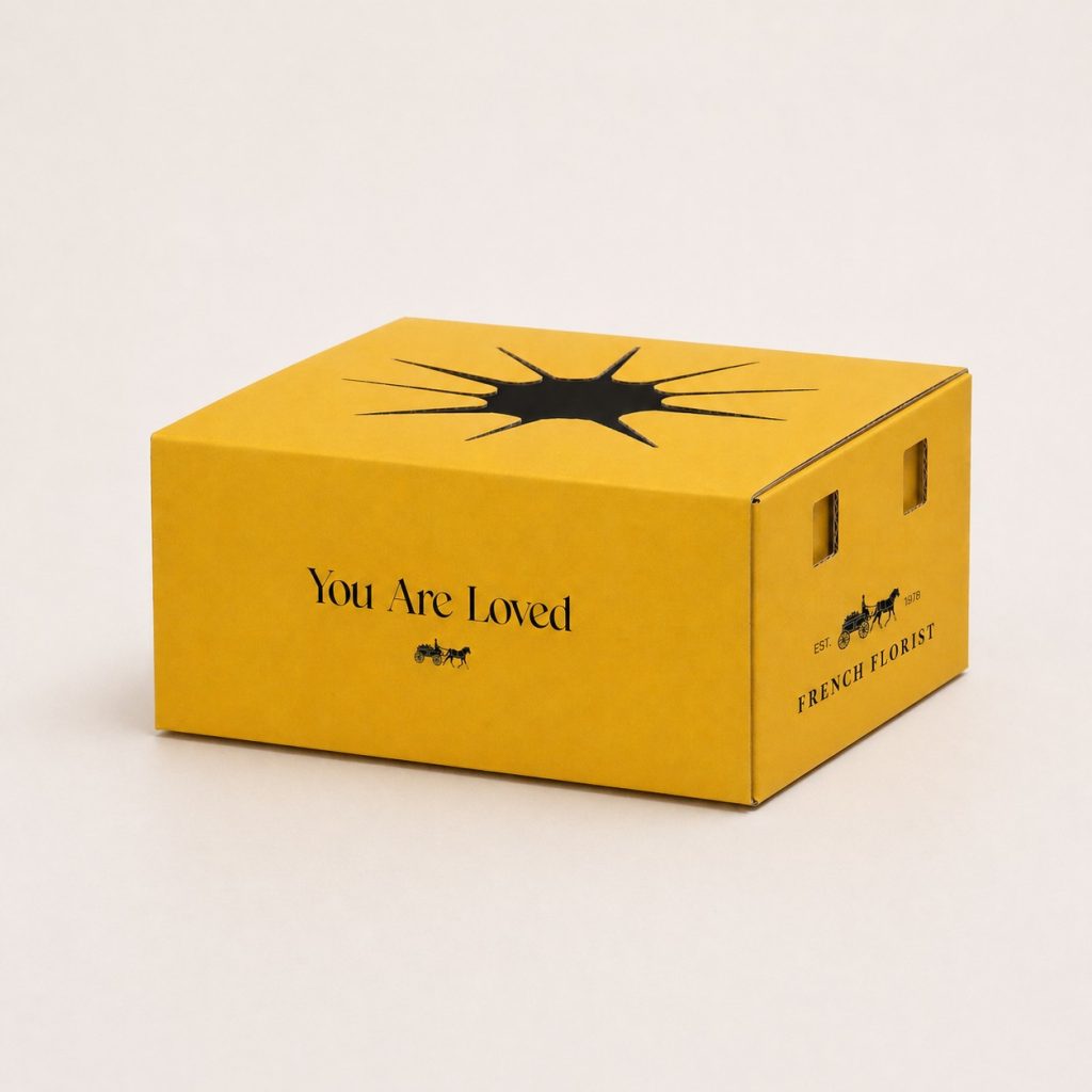 A golden yellow French Florist delivery box printed with "You Are Loved" and the brand's horse-drawn cart logo on a clean background.