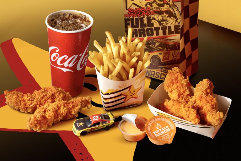 Hardee’s Teams Up with Bubba Wallace on Limited-Time Full Throttle Meal Hardee's Bubba's Full Throttle Meal with chicken tenders, fries, Coke, dipping sauces, and collectible No. 23 die-cast car.