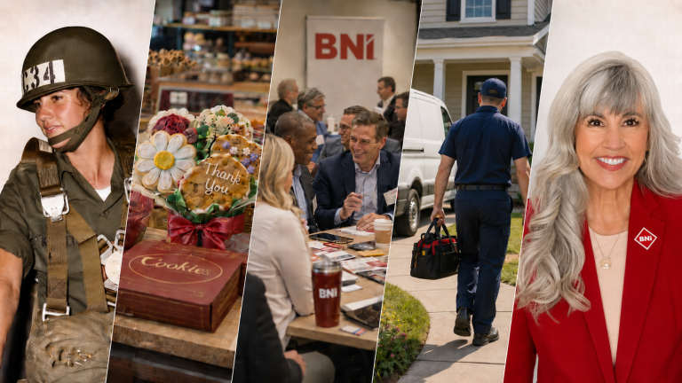 Mary Kennedy Thompson hero image collage spanning military service, Cookies by Design, BNI networking, franchisee in the field, and her role as BNI CEO