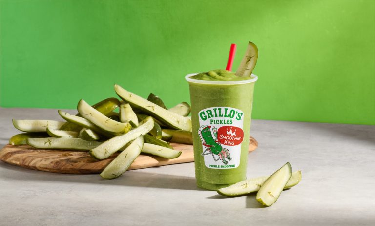 Smoothie King and Grillo’s Pickles limited-time Pickle Smoothie displayed with pickle spears