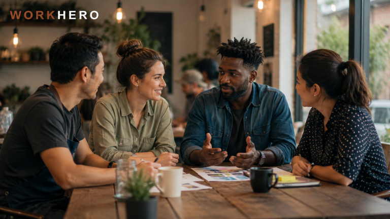 Diverse group of franchise professionals having a collaborative discussion around a table with the WorkHero logo in the top left.
