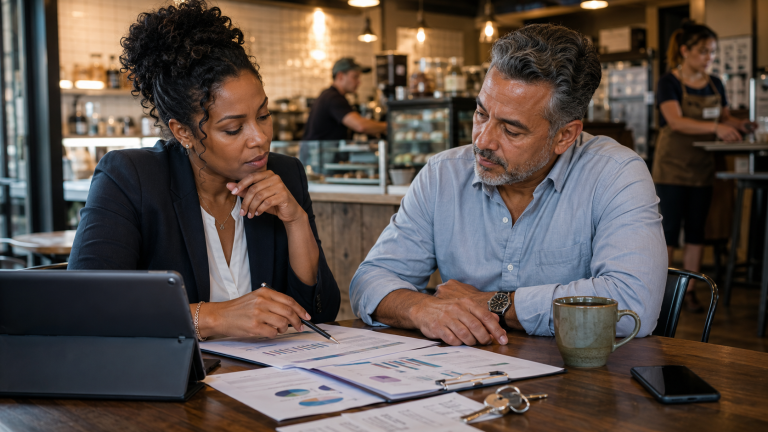 Prospective franchise buyer reviews financial records and resale documents with an advisor
