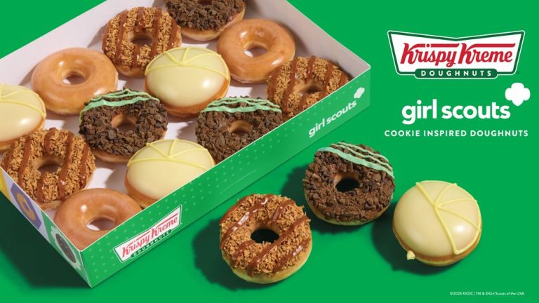 Krispy Kreme Girl Scout Cookie Inspired Dozen featuring Thin Mints, Lemon-Ups and Coconut Caramel doughnuts.
