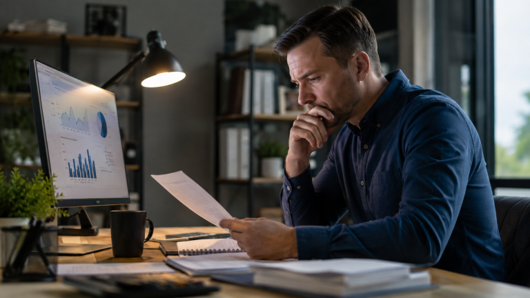 Person reviewing financial documents at his desk with performance charts on monitor