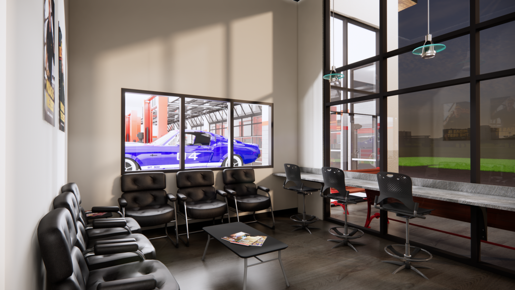 Rendering of a Midas customer lounge with seating, counter space and windows overlooking the service bays