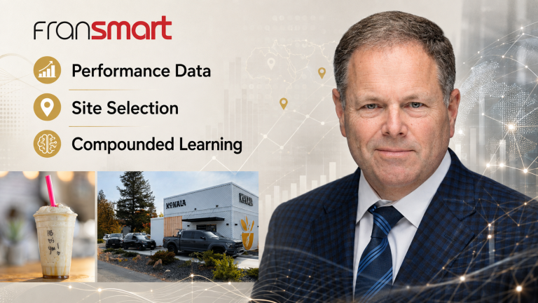 Franchise Ownership Finds Its Edge in the Age of AI Fransmart graphic featuring Dan Rowe alongside icons for performance data, site selection, and compounded learning.