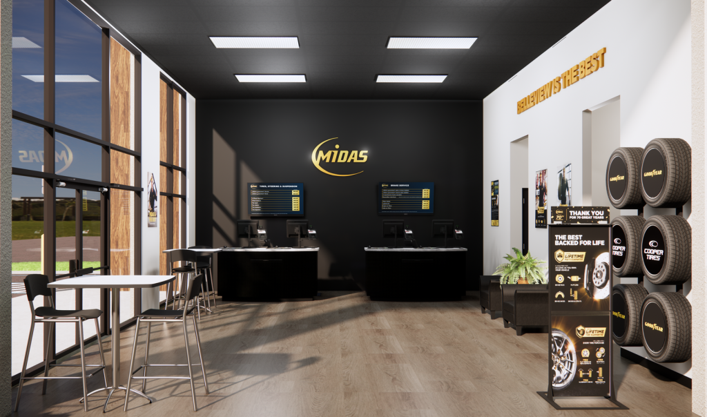 Rendering of a modern Midas customer waiting area with service counters, seating and tire displays