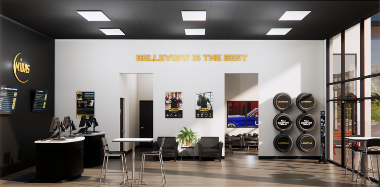 Midas Store Redesign Signals a Brand Refresh Built for the Future Rendering of a redesigned Midas waiting area with seating, service counters, tire displays and large windows