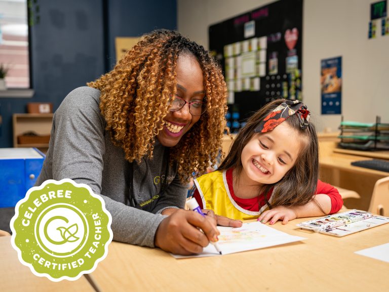 Celebree School Makes Teacher Readiness the Focus of New Certification Program Celebree teacher and child work on classroom artwork beside a Celebree Certified Teacher badge.