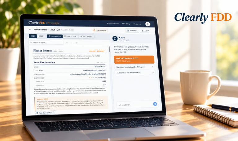 How Clearly FDD Turns the FDD Into a Tool for Better Franchise Decisions Open document transitioning from dense fine print to clear charts and highlighted sections, with the Clearly FDD logo above.
