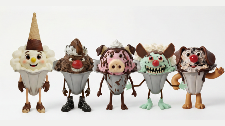 Friendly’s Conehead Crew Turns Kids Meals Into a Collectible Family Experience Friendly’s Conehead Crew characters Conehead, Rock the Star, Puddles, Monster Mash and Spot pose together