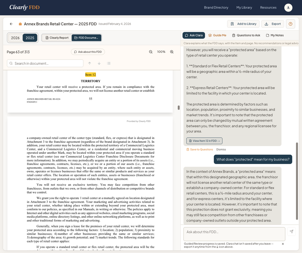 Clearly FDD workspace showing Item 12 of an FDD beside Clara, an AI guide explaining a franchise's protected area