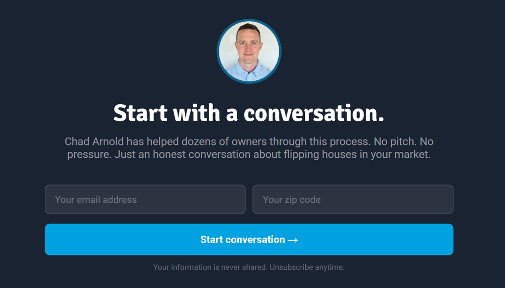 New Again Houses "Talk to Chad" form with Chad Arnold's headshot and simple email and zip code fields