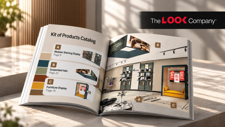The Look Company Kit of Products Catalog open to modular shelving, a suspended halo and a furniture display in a retail space