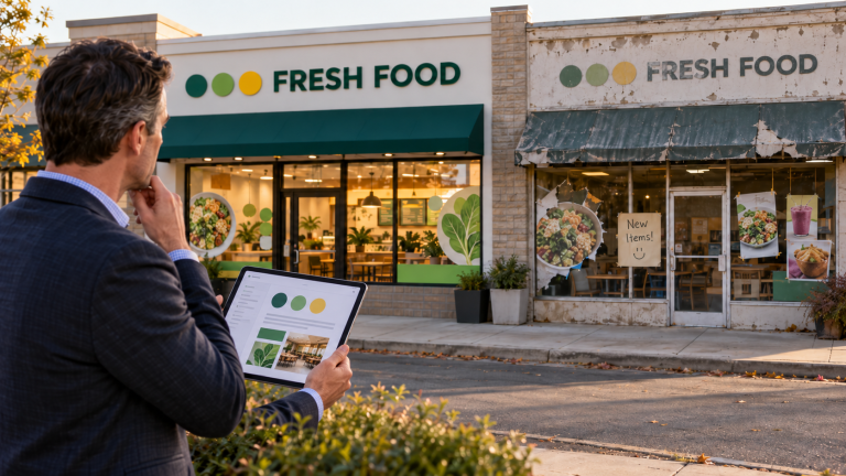 Prospective franchise buyer holding a tablet while comparing two locations of the same fictional franchise brand, one well maintained and the other showing signs of inconsistent brand standards.