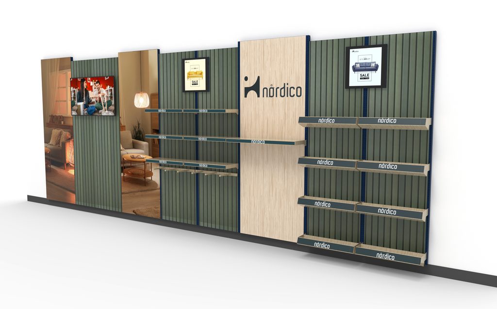 Modular retail wall with slatted green panels, branded shelving, a central logo panel, framed sale graphics and a screen